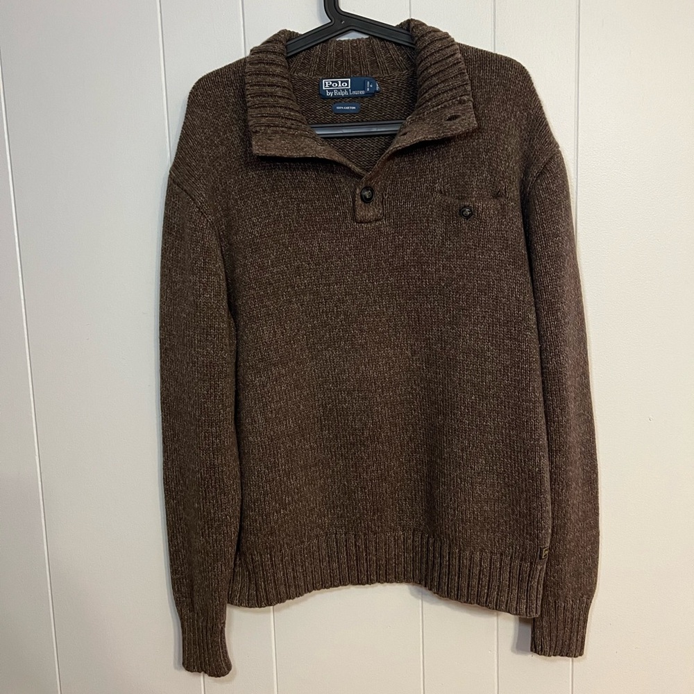 Vintage Polo Ralph Lauren Cotton Knit Sweater 3‎ Button in Brown Heather Size L